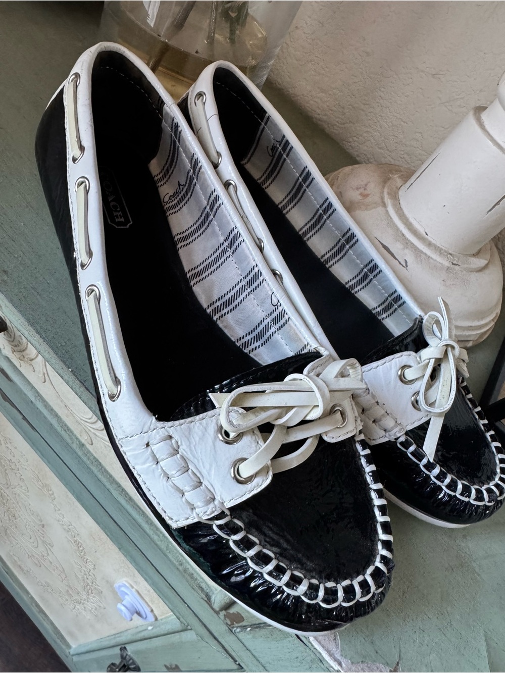 Coach Black and White Patent Leather Moccasin Loafers